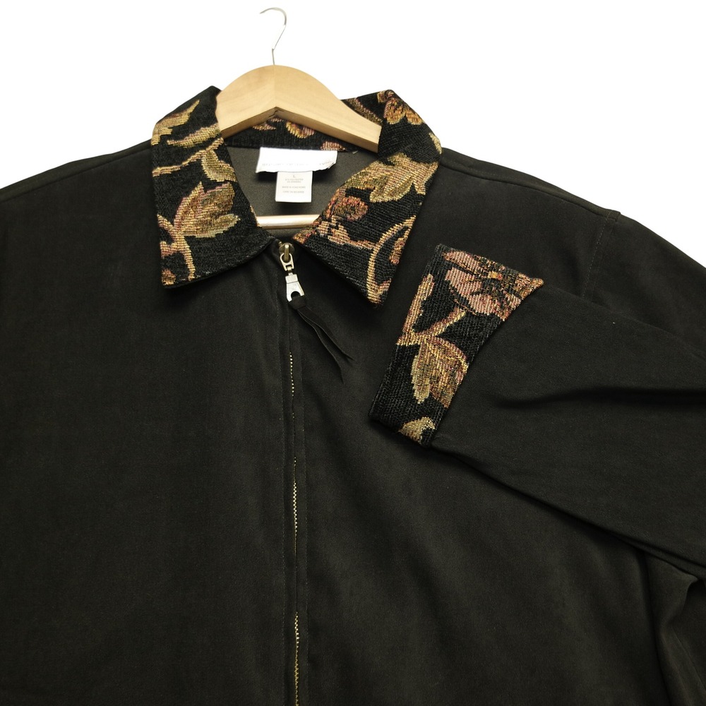 Vintage 90's Susan Graver Black Floral Tapestry Zip Jacket Size L Boho Eclectic